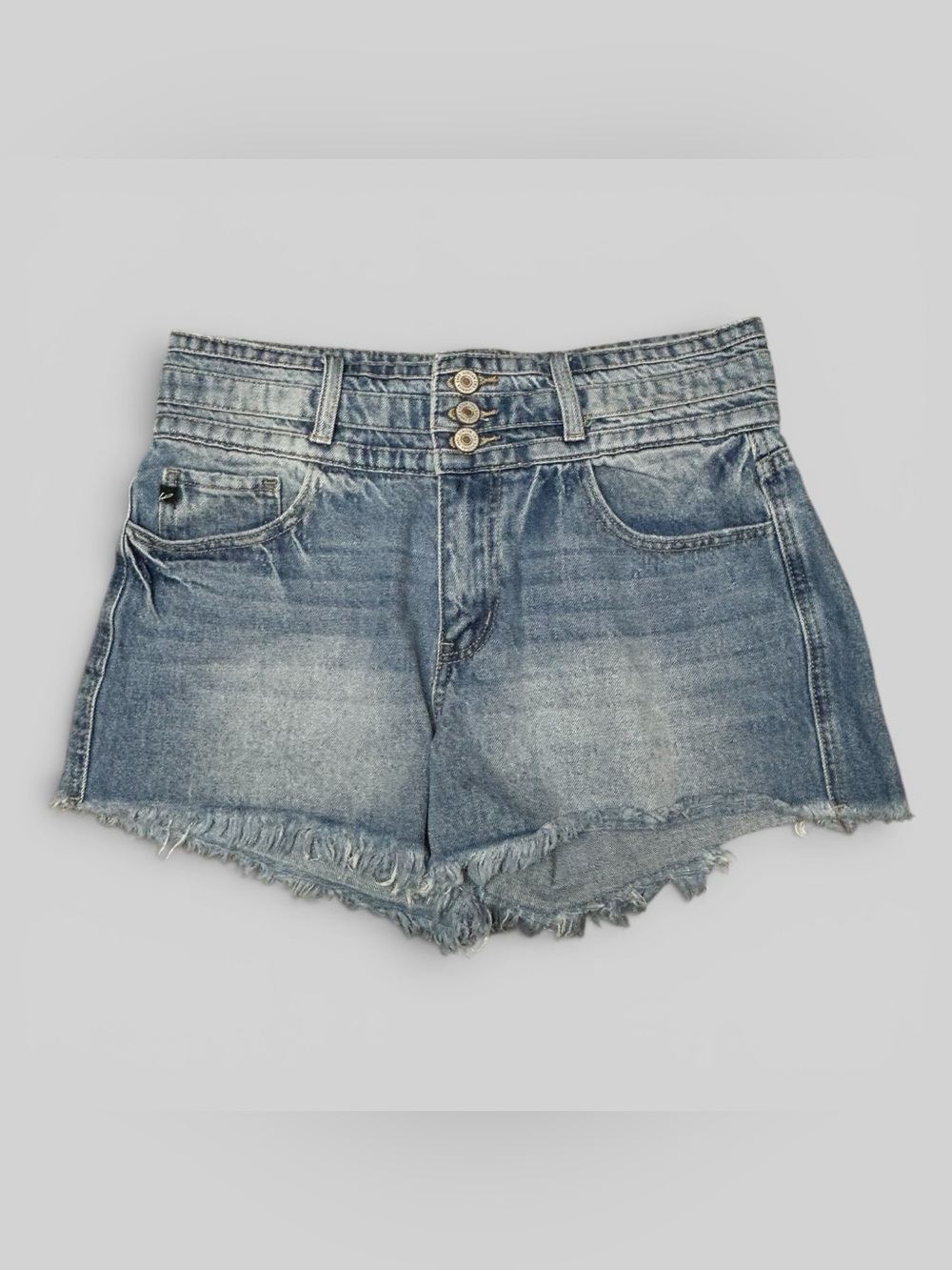 Kancan Estilo Light Wash Frayed Denim Shorts Size 9/28 High Rise Cutoff Shorts - Picture 2 of 6